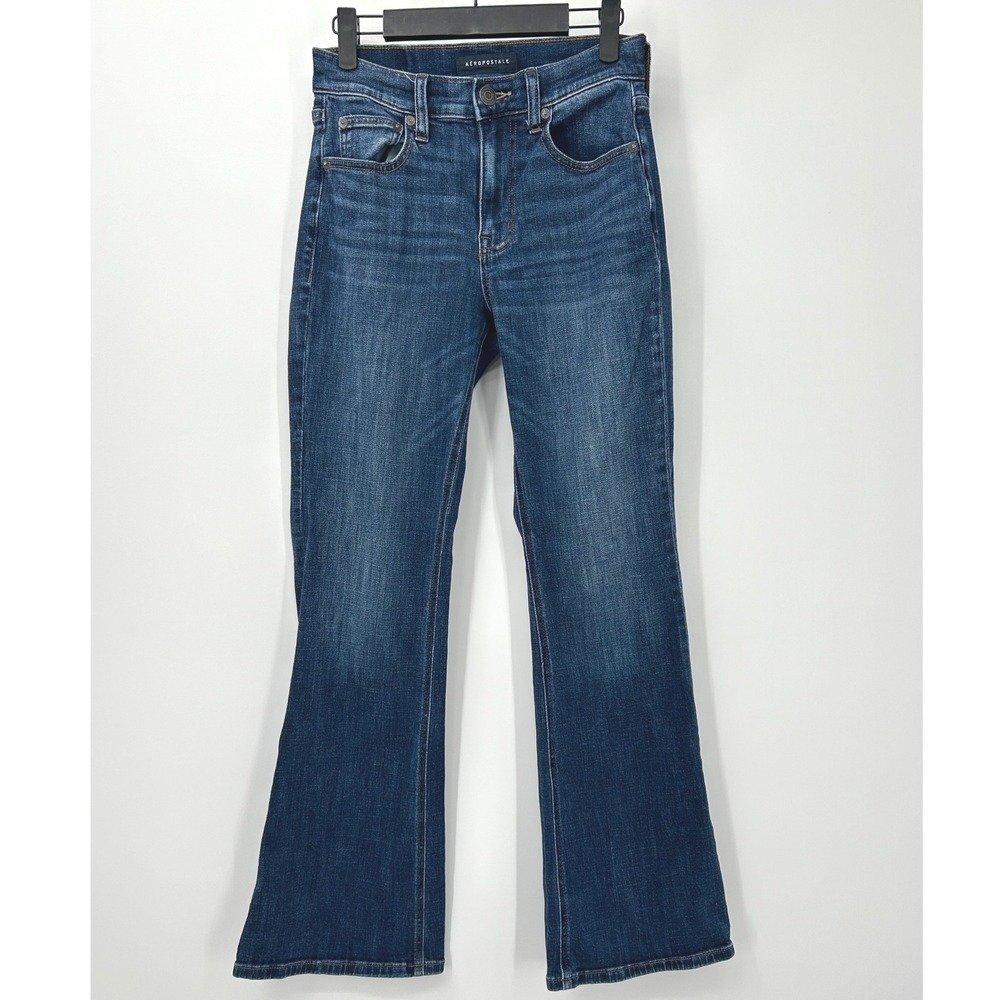 Aeropostale Womens High Rise Flare Jeans Dark Wash Blue Size 2 Regular Stretch - Picture 2 of 7